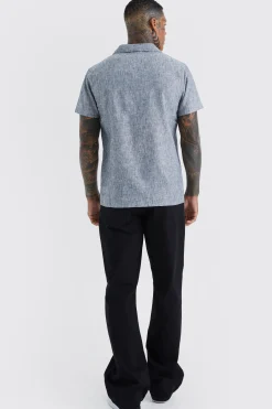 Short Sleeve Revere Linen Look Shirt | BoohooMAN UK