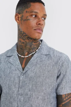 Short Sleeve Revere Linen Look Shirt | BoohooMAN UK
