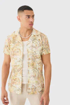 Short Sleeve Revere Linen Look Tapestry Print Shirt | BoohooMAN UK