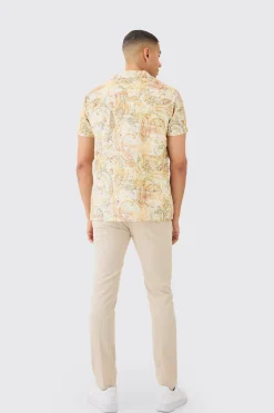 Short Sleeve Revere Linen Look Tapestry Print Shirt | BoohooMAN UK