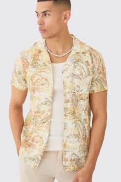Short Sleeve Revere Linen Look Tapestry Print Shirt | BoohooMAN UK