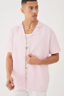 Short Sleeve Revere Oversized Linen Shirt | BoohooMAN UK