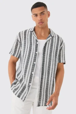 Short Sleeve Revere Oversized Open Knit Stripe Shirt | BoohooMAN UK