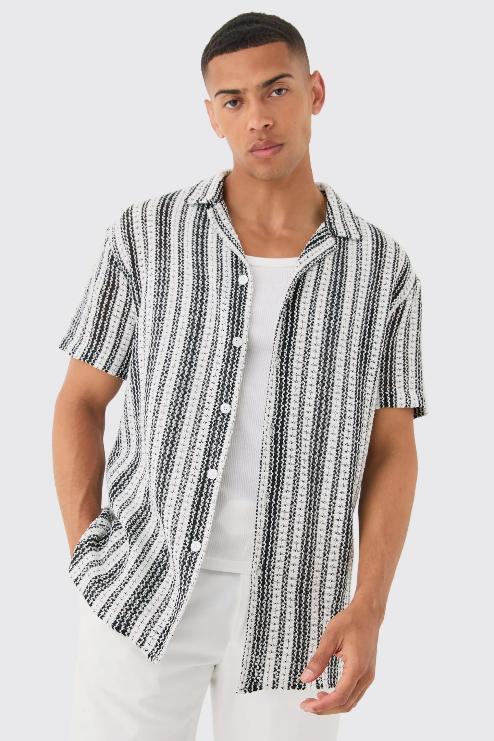 Short Sleeve Revere Oversized Open Knit Stripe Shirt | BoohooMAN UK