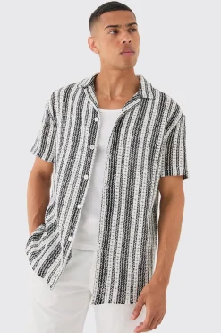 Short Sleeve Revere Oversized Open Knit Stripe Shirt | BoohooMAN UK