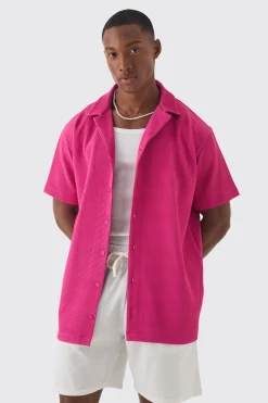 Short Sleeve Revere Oversized Pleated Shirt | BoohooMAN UK