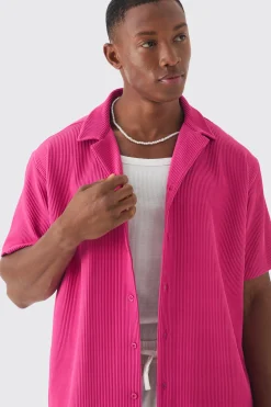 Short Sleeve Revere Oversized Pleated Shirt | BoohooMAN UK