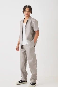 Short Sleeve Revere Piped Pu Shirt & Trouser Set | BoohooMAN UK
