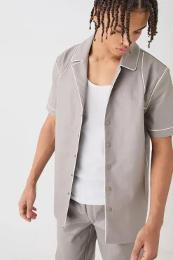 Short Sleeve Revere Piped Pu Shirt & Trouser Set | BoohooMAN UK