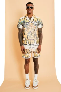 Short Sleeve Revere Pu Graphic Shirt & Short Set | BoohooMAN UK