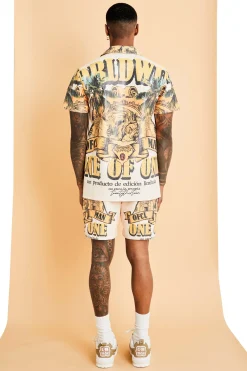 Short Sleeve Revere Pu Graphic Shirt & Short Set | BoohooMAN UK