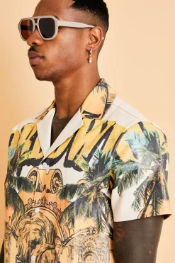 Short Sleeve Revere Pu Graphic Shirt & Short Set | BoohooMAN UK