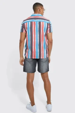 Short Sleeve Revere Stripe Shirt | BoohooMAN UK