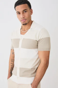 Short Sleeve Revere Stripe Knitted Shirt | BoohooMAN UK
