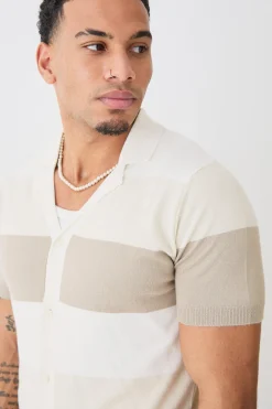 Short Sleeve Revere Stripe Knitted Shirt | BoohooMAN UK