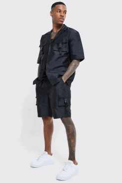 Short Sleeve Revere Utility Shirt & Cargo Short Set | BoohooMAN UK