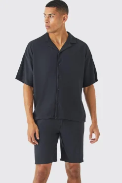 Short Sleeve Ribbed Boxy Shirt And Short Set | BoohooMAN UK