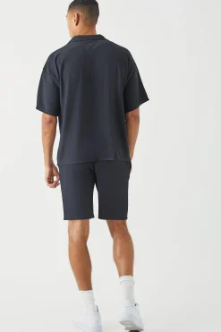 Short Sleeve Ribbed Boxy Shirt And Short Set | BoohooMAN UK