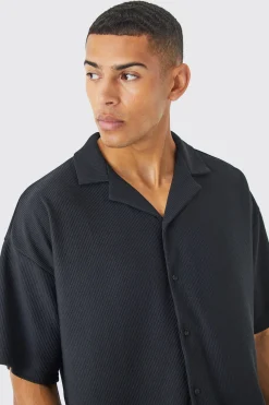Short Sleeve Ribbed Boxy Shirt And Short Set | BoohooMAN UK