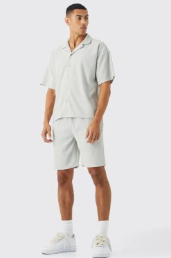 Short Sleeve Ribbed Boxy Shirt And Short Set | BoohooMAN UK