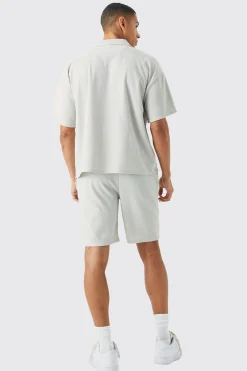 Short Sleeve Ribbed Boxy Shirt And Short Set | BoohooMAN UK