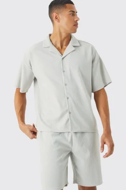 Short Sleeve Ribbed Boxy Shirt And Short Set | BoohooMAN UK