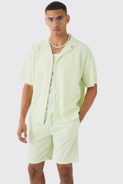 Short Sleeve Ribbed Boxy Shirt & Short Set | BoohooMAN UK