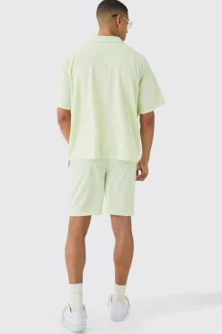 Short Sleeve Ribbed Boxy Shirt & Short Set | BoohooMAN UK
