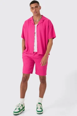 Short Sleeve Ribbed Boxy Shirt & Short Set | BoohooMAN UK