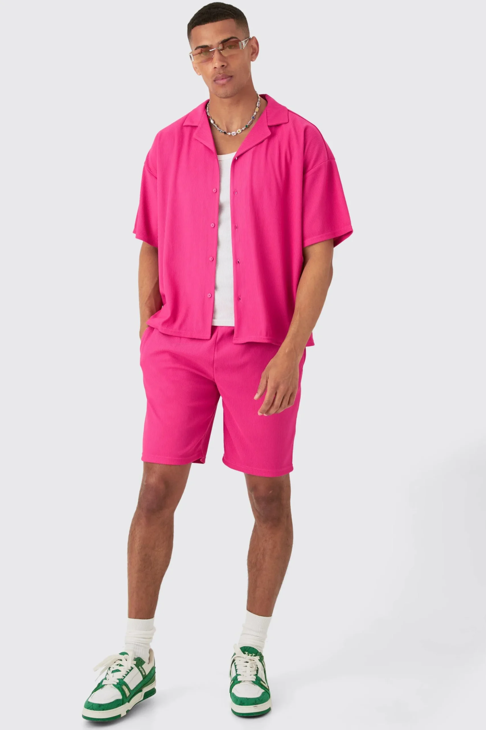 Short Sleeve Ribbed Boxy Shirt & Short Set | BoohooMAN UK