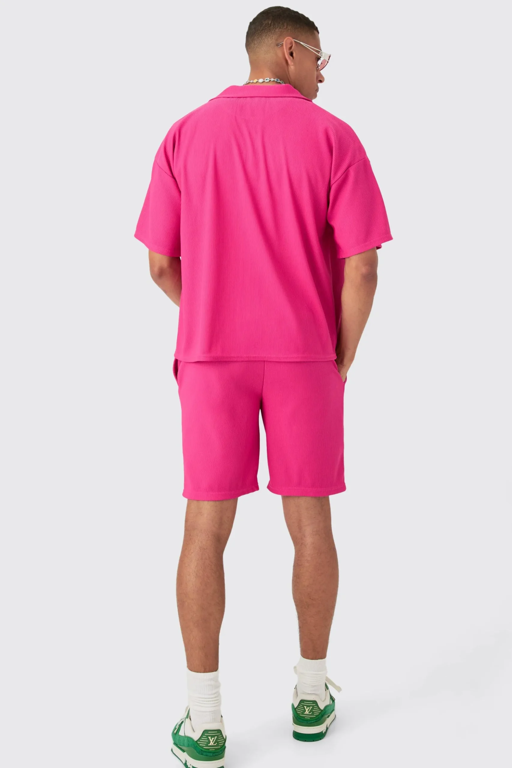 Short Sleeve Ribbed Boxy Shirt & Short Set | BoohooMAN UK
