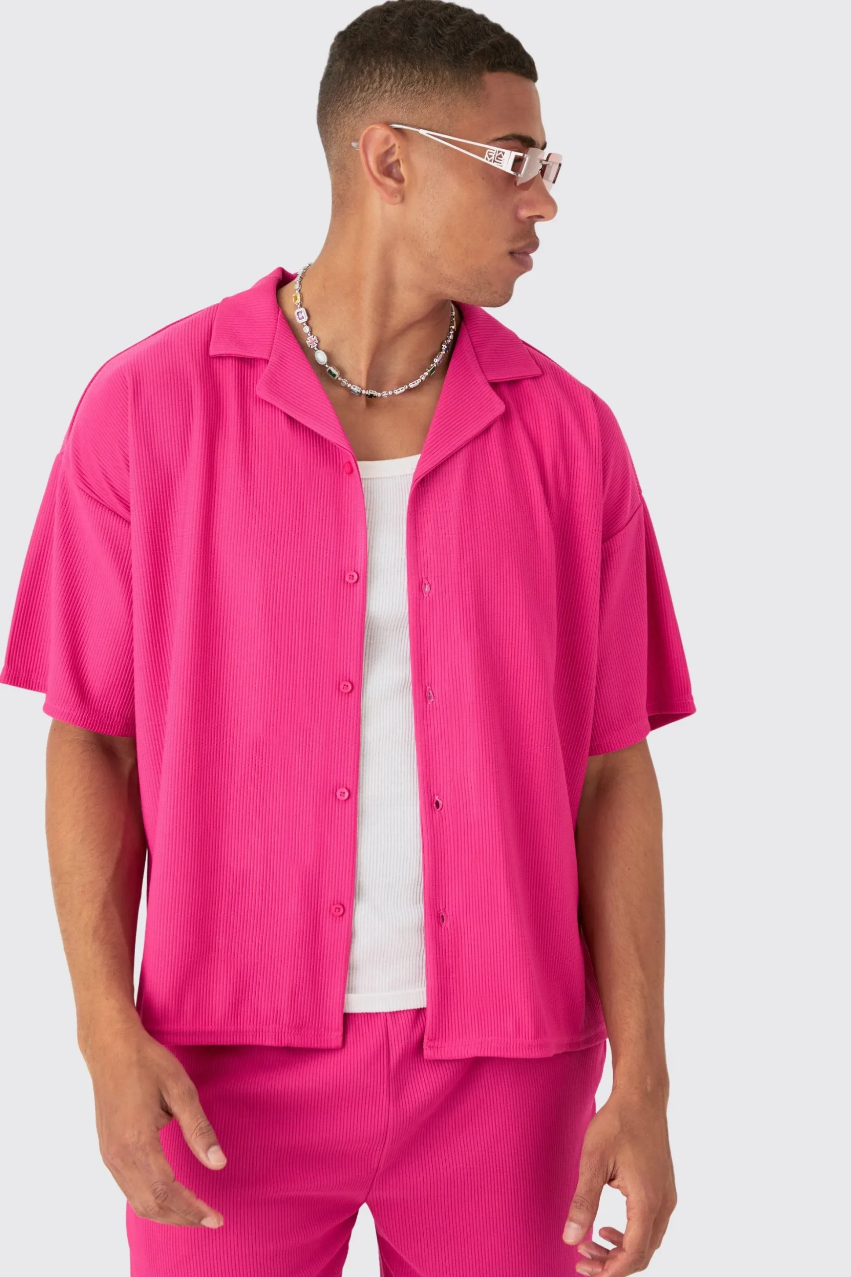 Short Sleeve Ribbed Boxy Shirt & Short Set | BoohooMAN UK