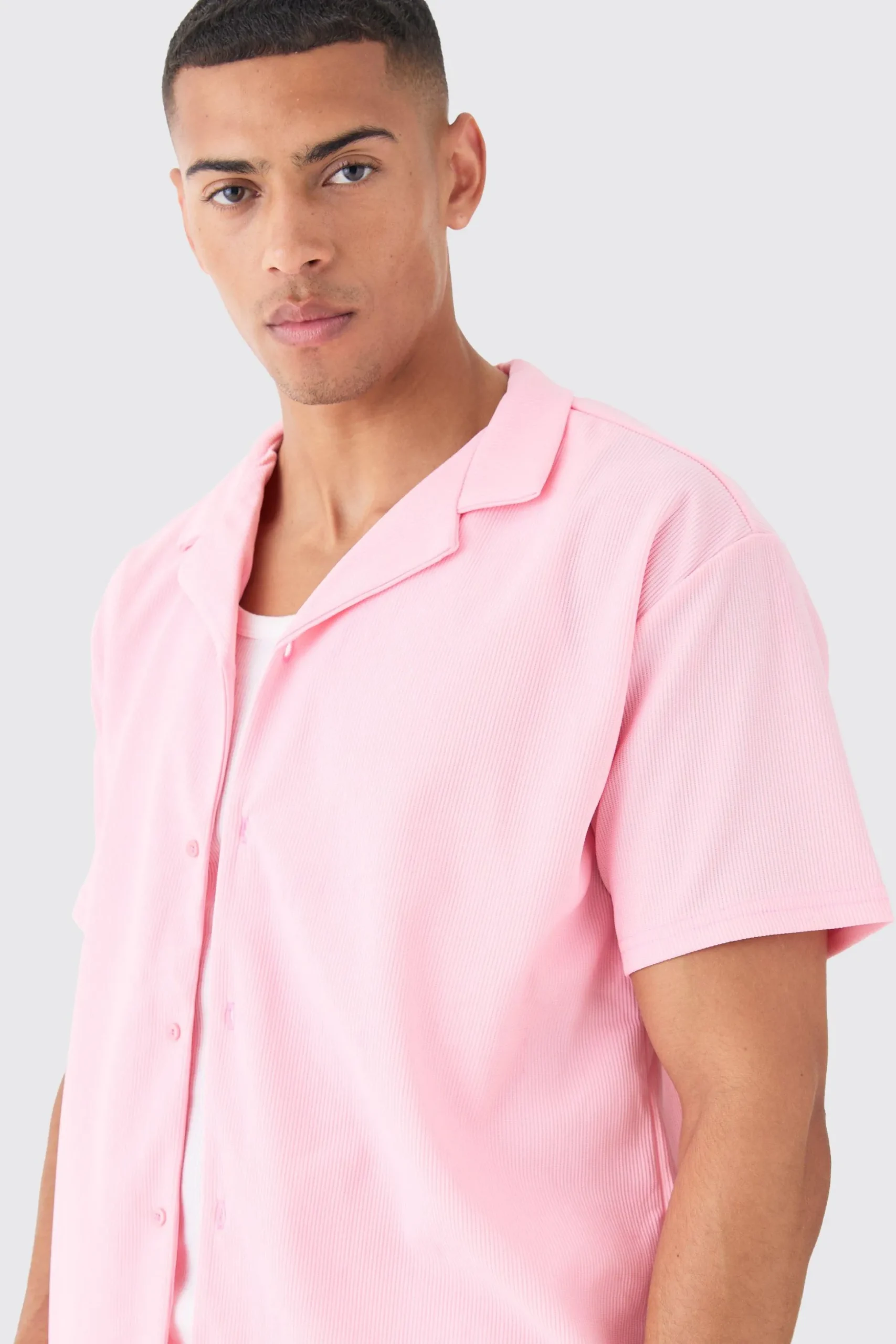 Short Sleeve Ribbed Oversized Shirt | BoohooMAN UK