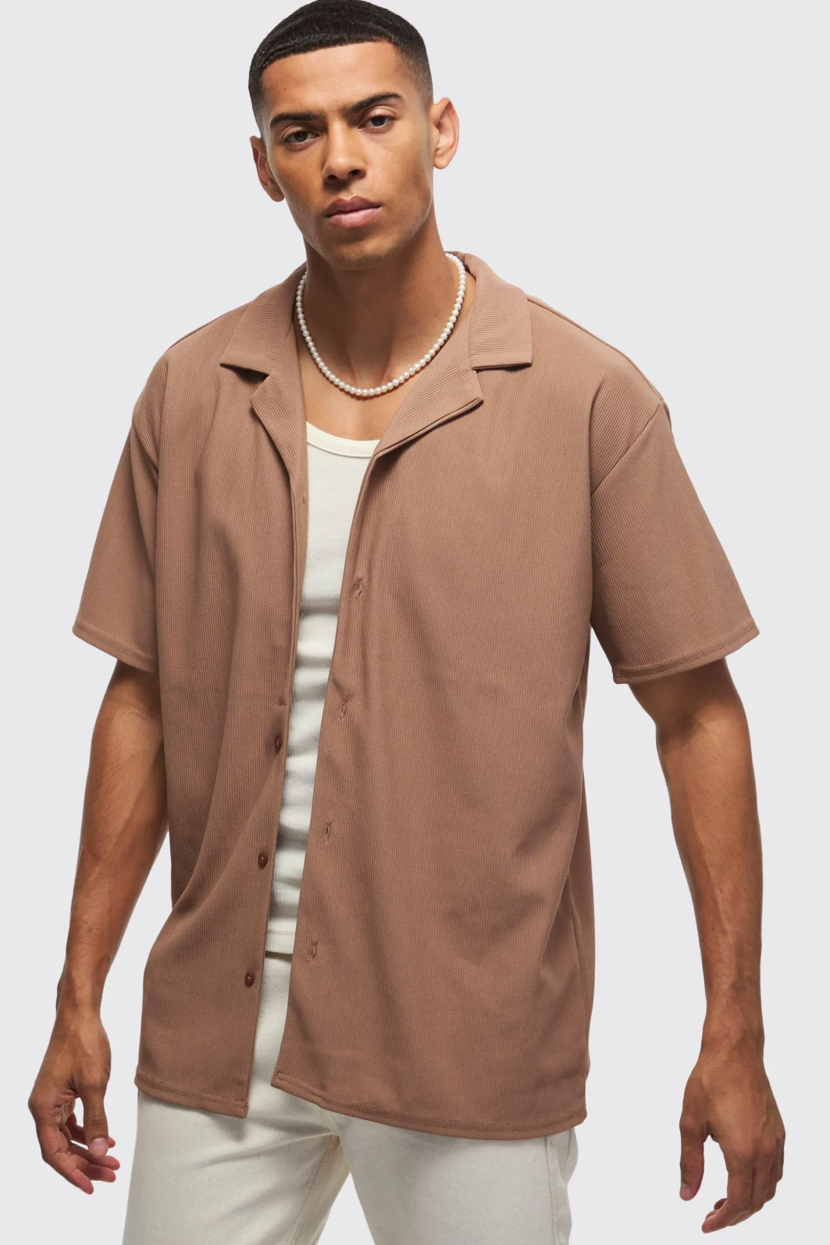 Short Sleeve Ribbed Oversized Shirt | BoohooMAN UK
