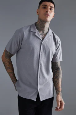 Short Sleeve Ribbed Revere Oversized Shirt | BoohooMAN UK