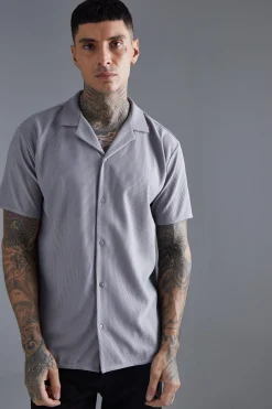 Short Sleeve Ribbed Revere Oversized Shirt | BoohooMAN UK