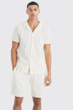 Short Sleeve Ribbed Shirt And Short Set | BoohooMAN UK