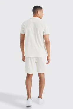 Short Sleeve Ribbed Shirt And Short Set | BoohooMAN UK