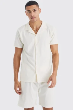 Short Sleeve Ribbed Shirt And Short Set | BoohooMAN UK