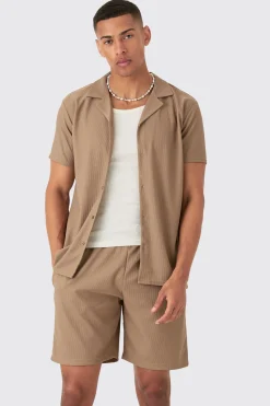 Short Sleeve Ribbed Shirt & Short Set | BoohooMAN UK