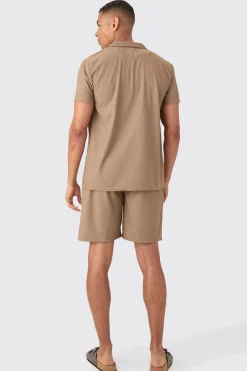 Short Sleeve Ribbed Shirt & Short Set | BoohooMAN UK