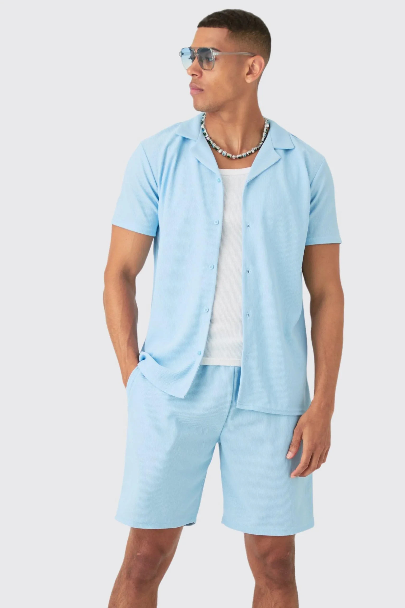 Short Sleeve Ribbed Shirt & Short Set | BoohooMAN UK
