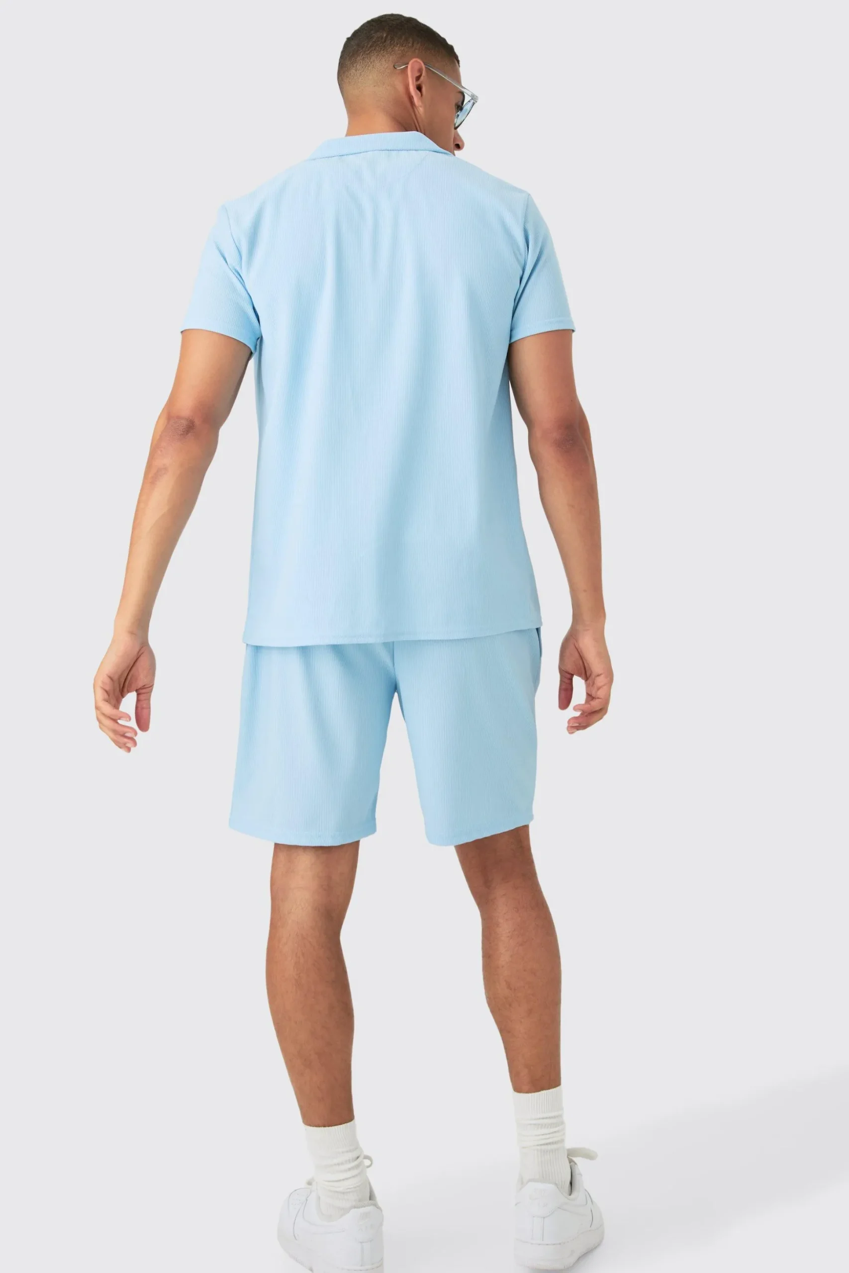 Short Sleeve Ribbed Shirt & Short Set | BoohooMAN UK
