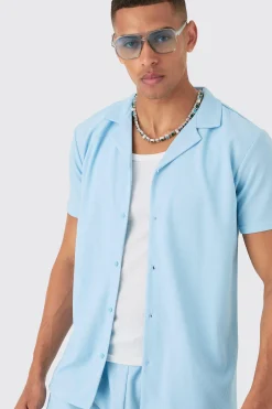 Short Sleeve Ribbed Shirt & Short Set | BoohooMAN UK