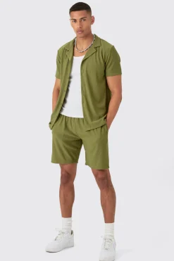 Short Sleeve Ribbed Shirt & Short Set | BoohooMAN UK