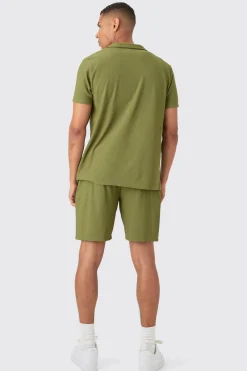 Short Sleeve Ribbed Shirt & Short Set | BoohooMAN UK