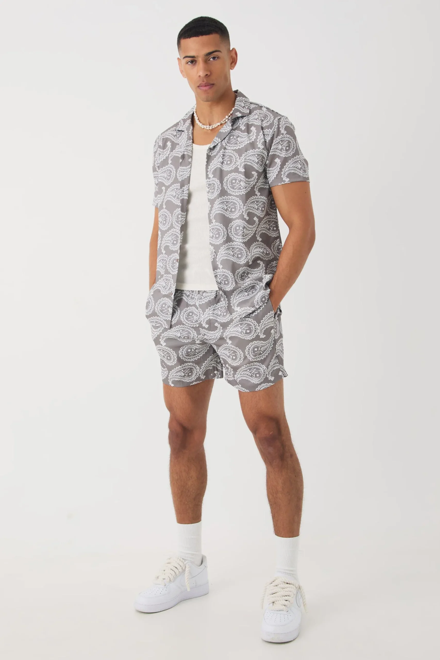 Short Sleeve Satin Mini Paisley Shirt & Short | BoohooMAN UK