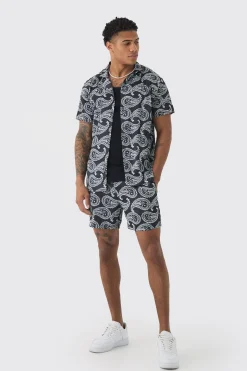 Short Sleeve Satin Mini Paisley Shirt & Short | BoohooMAN UK
