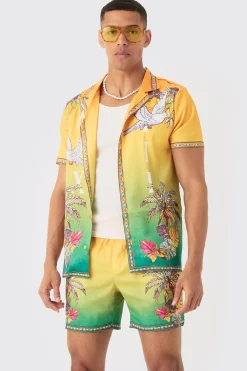 Short Sleeve Satin Ombre Palm Shirt & Short | BoohooMAN UK