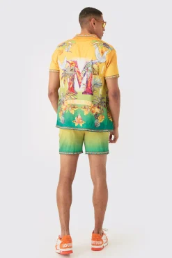 Short Sleeve Satin Ombre Palm Shirt & Short | BoohooMAN UK